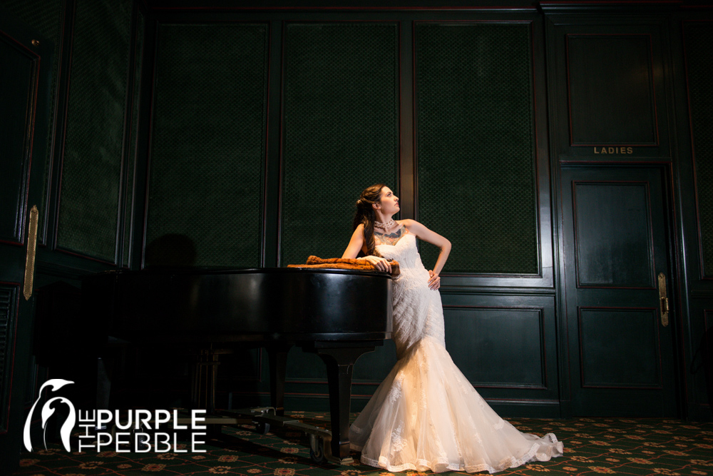bride mermaid wedding gown elegant photography piano